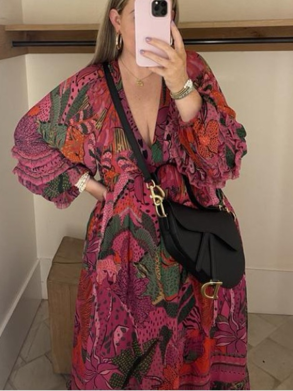 ▪️Farm Rio Long-Sleeve V-Neck Dress Pink Cool Leopards Maxi - Picture 8 of 16
